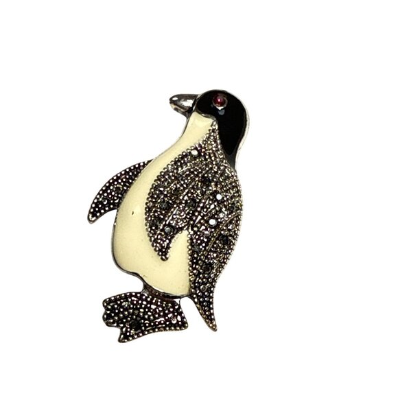 Penguin Brooch Sterling Silver Marcasite Simulated Ruby European Vintage Style - Picture 2 of 8